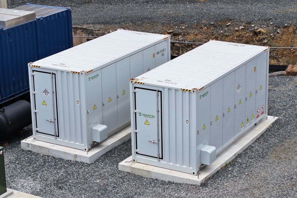 Two Battery enclosures at a micogrid site that has two chps and two batteries