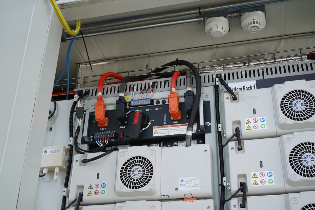 Close up picture of the connections of the battery energy storage system